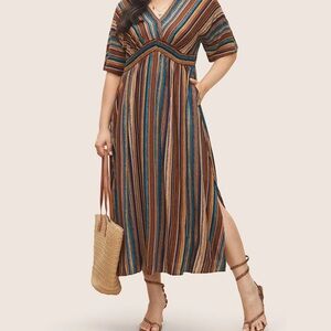 BloomChic Striped V-Neck Maxi Dress in Brown, Teal & Rust